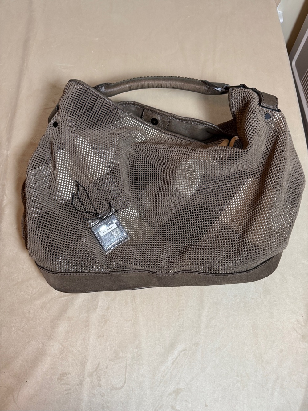 Burberry Perforated Suede Leather Hobo Bag Taupe Brown Nova Check
